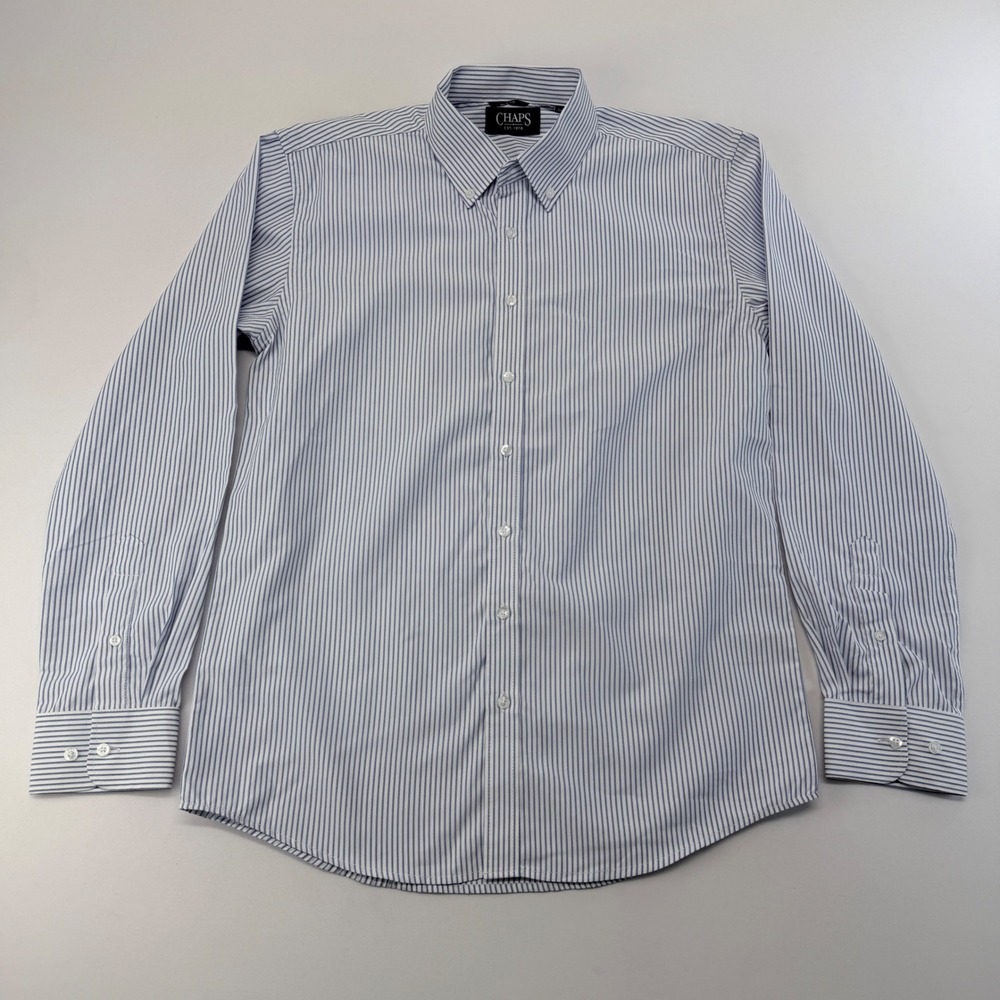 Chaps Mens Slim Fit Blue White Striped Long Sleeve Button Down Shirt Size M 15.5
